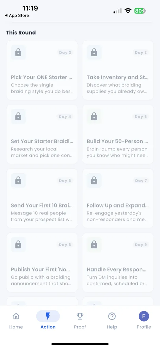 Action cards with copy buttons and platform icons