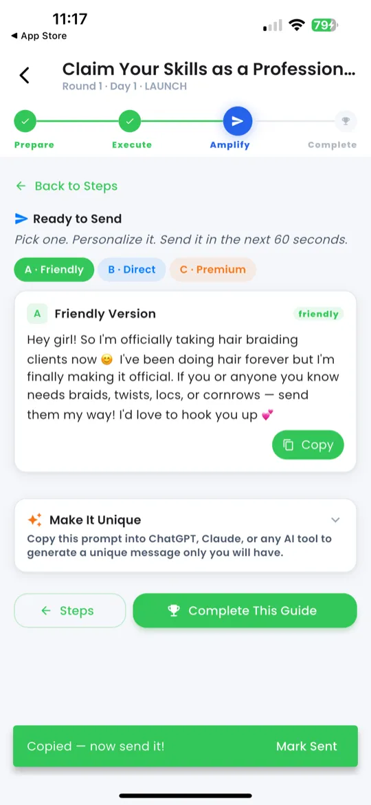 Copying a message and opening WhatsApp