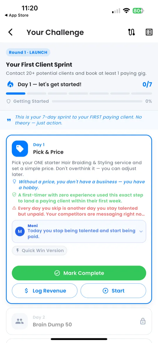 Challenge screen with header badge, 7-dot progress strip, and streak badge