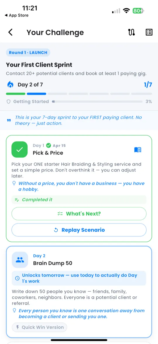 A completed day card showing the ✅ checkmark