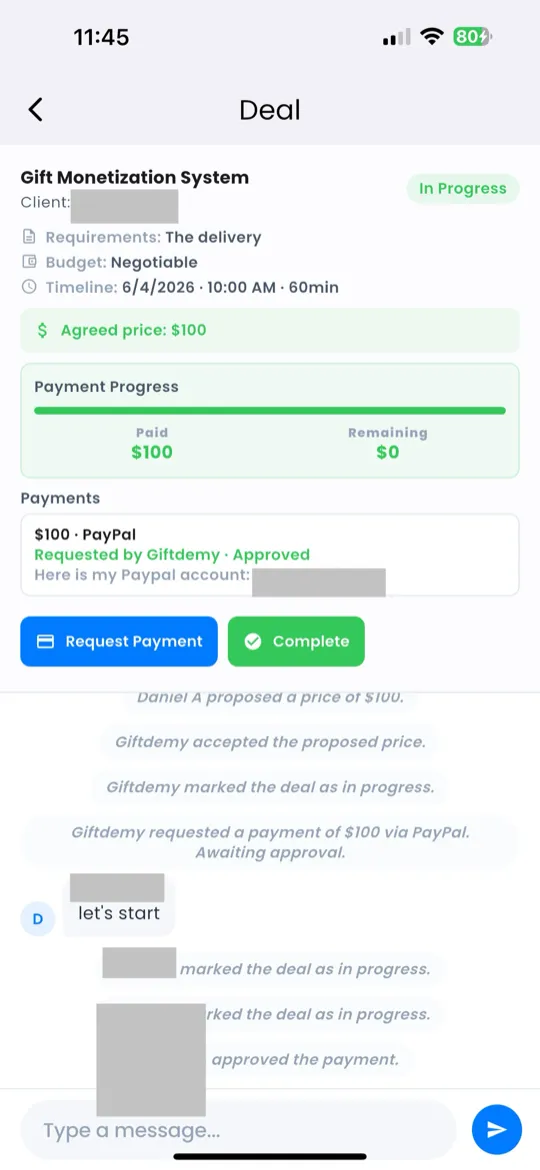 Deal detail view with status, messaging thread, and action buttons