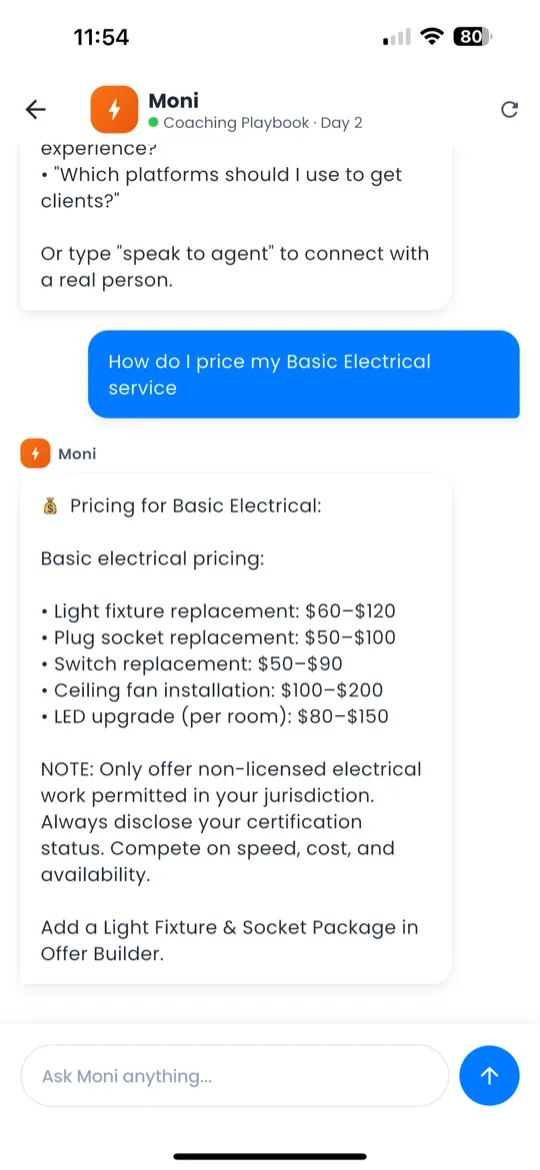 Moni chat interface with copy button