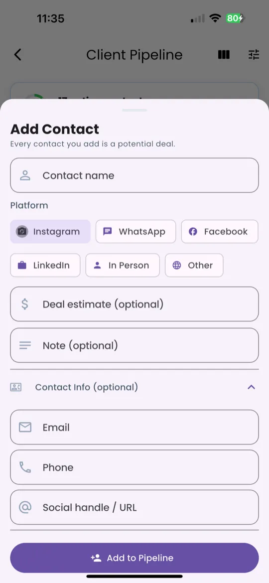 Add Client form with name, stage, platform, and notes fields