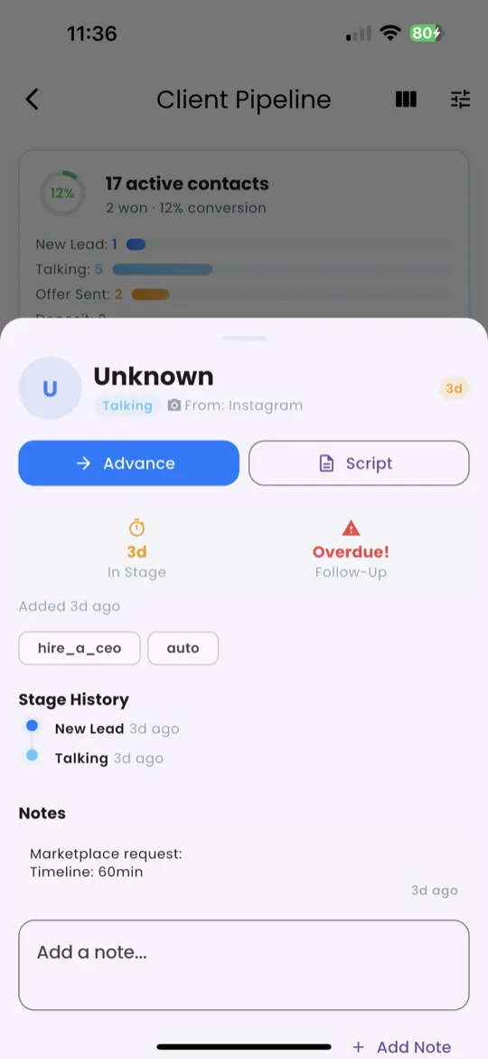 Client detail card with quick action buttons