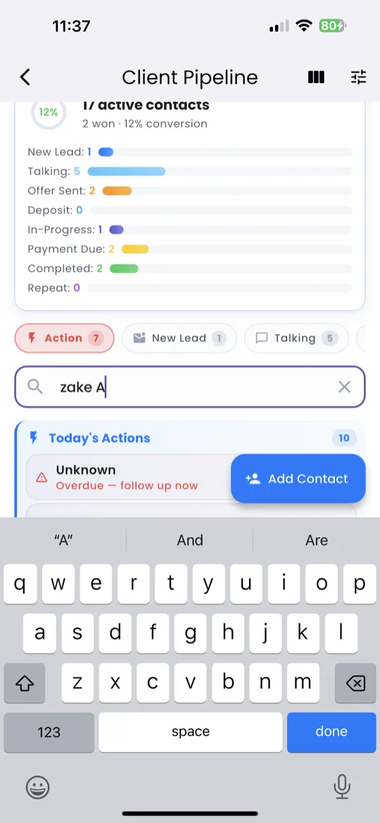 Search bar and stage tab filters on pipeline screen
