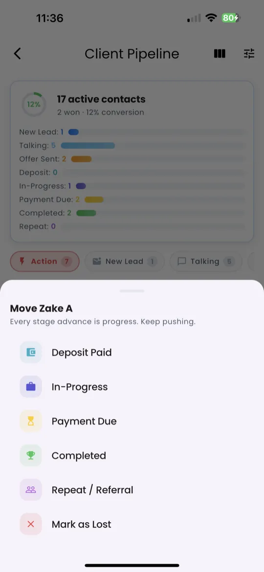 Stage dropdown being changed from Talking to Offer Sent