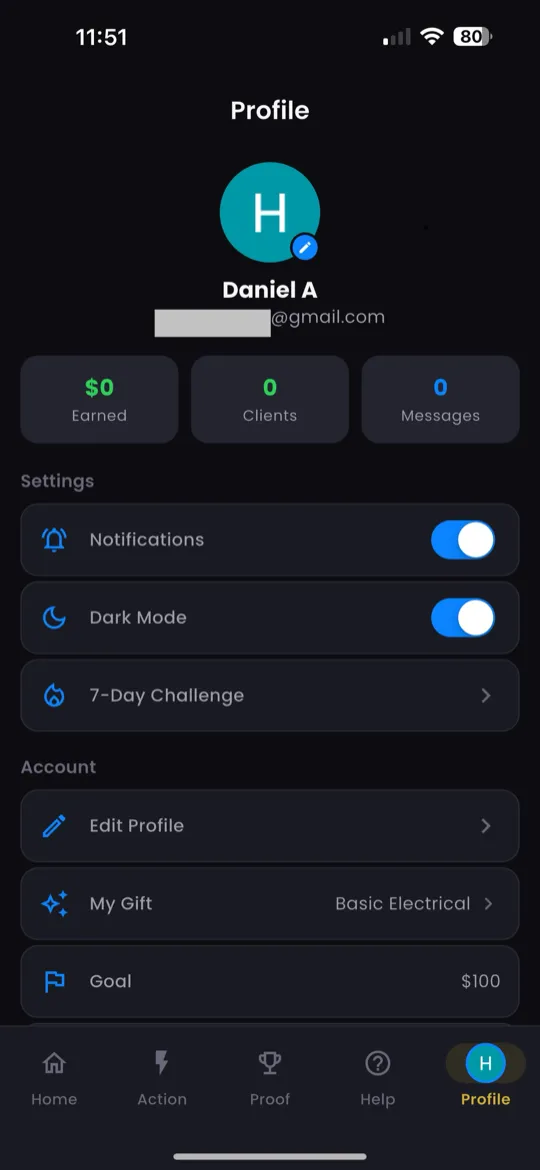 Settings section with Dark Mode toggle and options