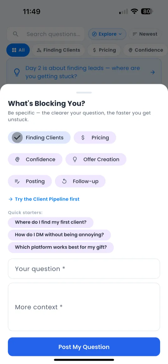 Asking a new question on the Help tab
