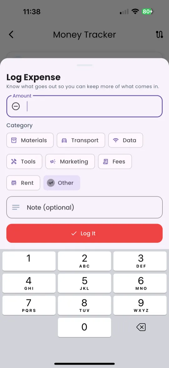 Log Expense form with amount, category, and note fields
