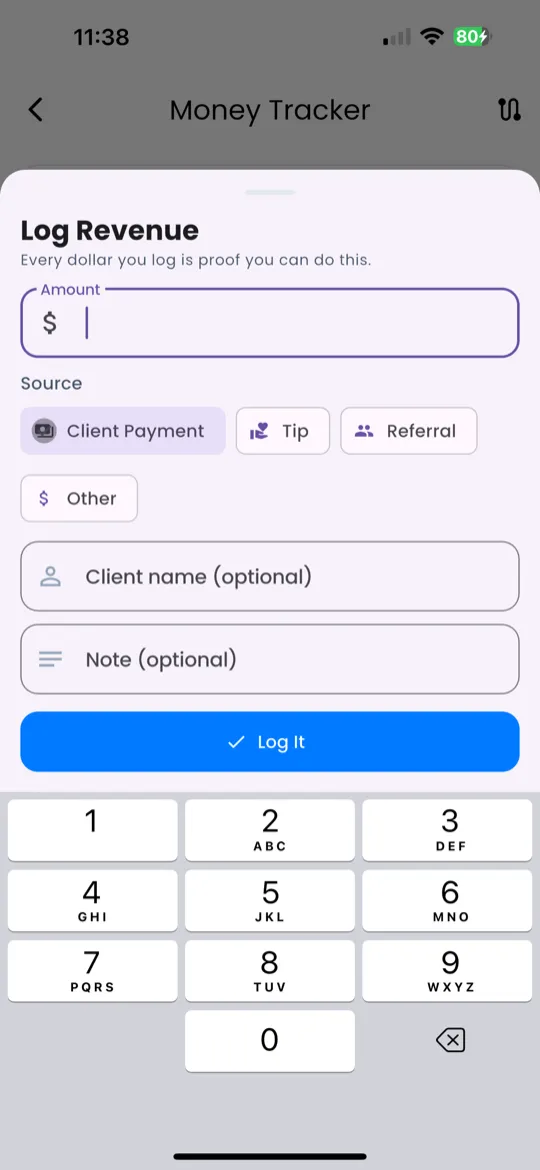 Log Income form with amount, source, and note fields