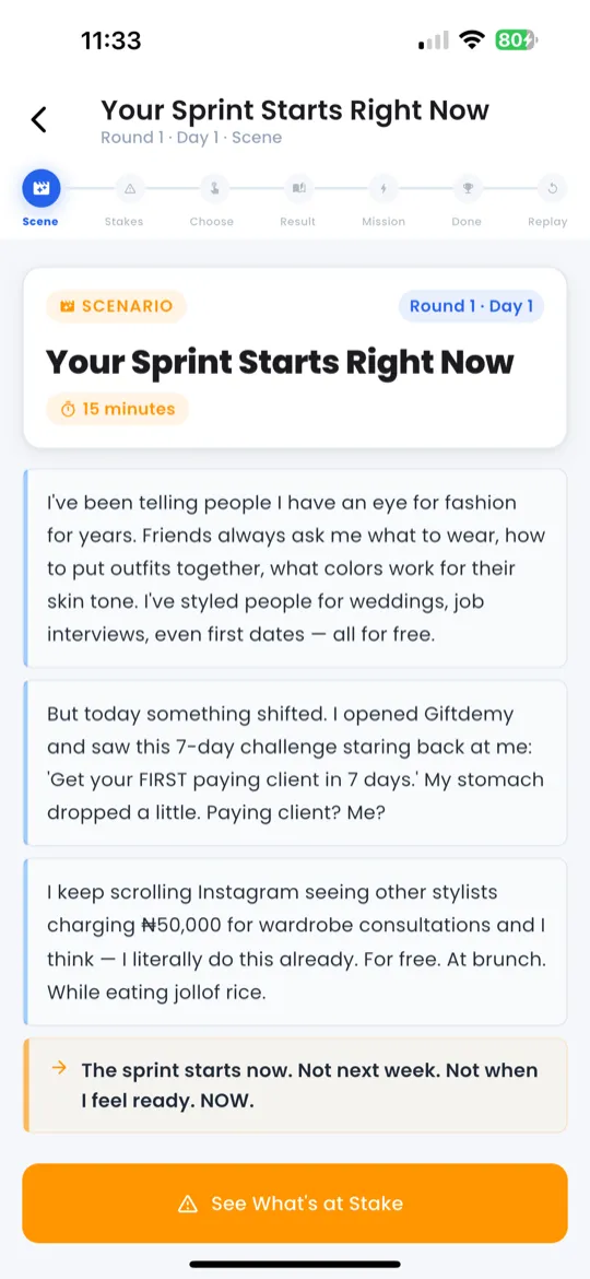 Phase 1 — Setup screen with scenario context