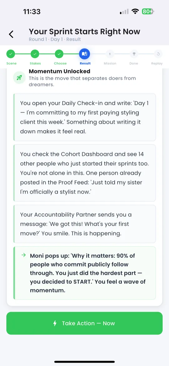 Phase 4 — Action mission with time estimate, XP, and Copy button
