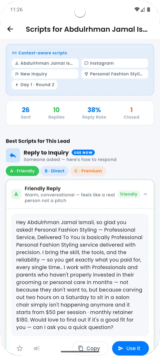 Best Scripts for This Lead section with stage-filtered scripts