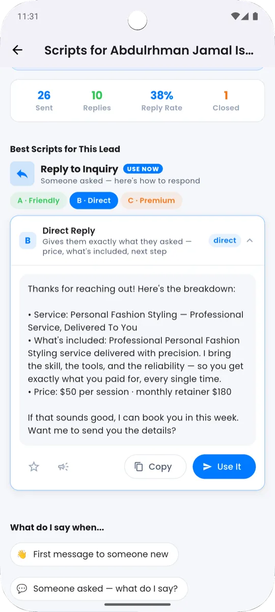 Scenario chip bottom sheet with tone pills and script preview