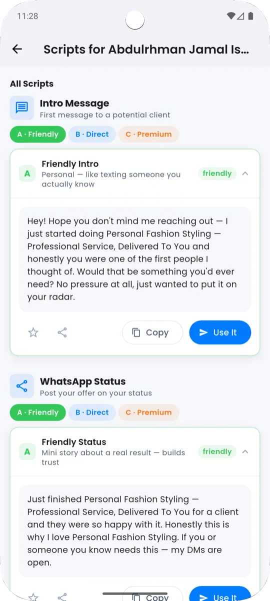 Expanded script card with tone pills and Copy/Share/Star actions