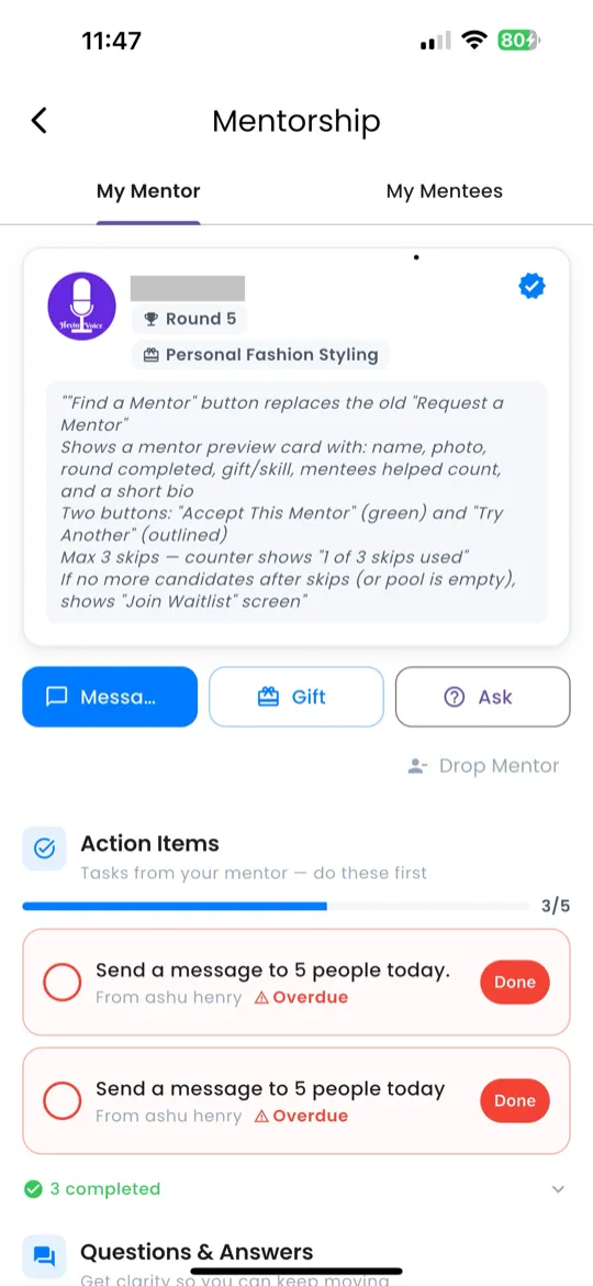 Mentorship Hub — My Mentor and My Mentees tabs