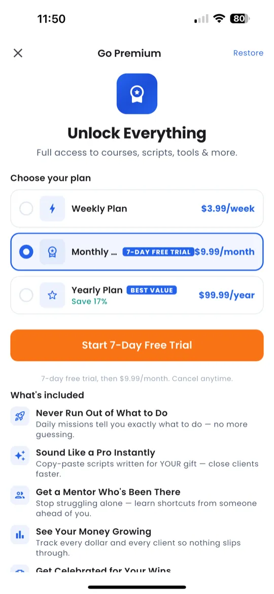 Subscription management screen